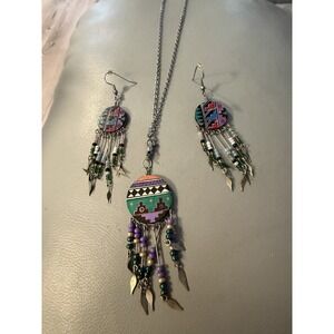 Southwest Western Aztec Pattern Drop Dangle Beaded Earrings & Necklace #430